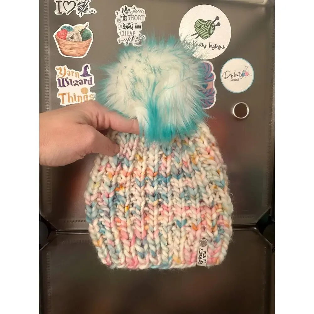 Hand Knit Merino Wool Beanie: DefiKnitly Tasteful Knit Hat with Faux Fur Pom